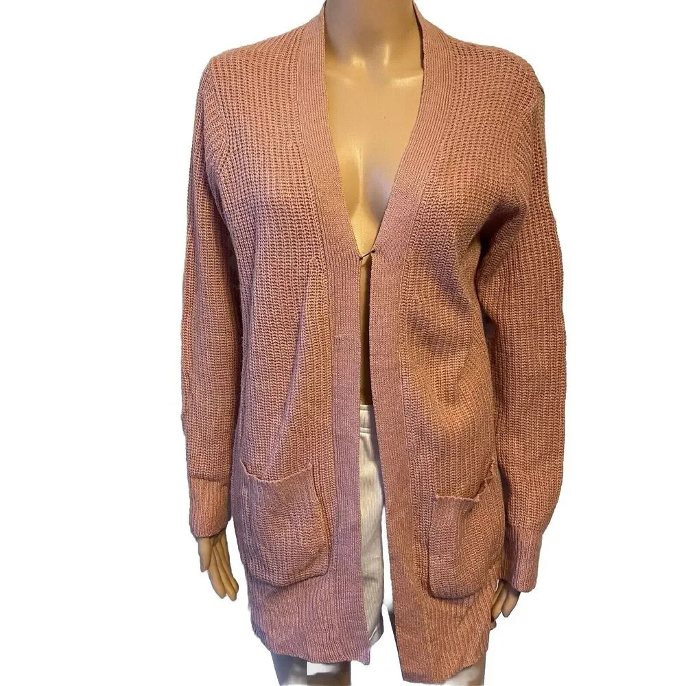 Y2K AMBIANCE Women Sz M Pink Knit Open Front Cardigan Sweater Pocket Cozy Allday